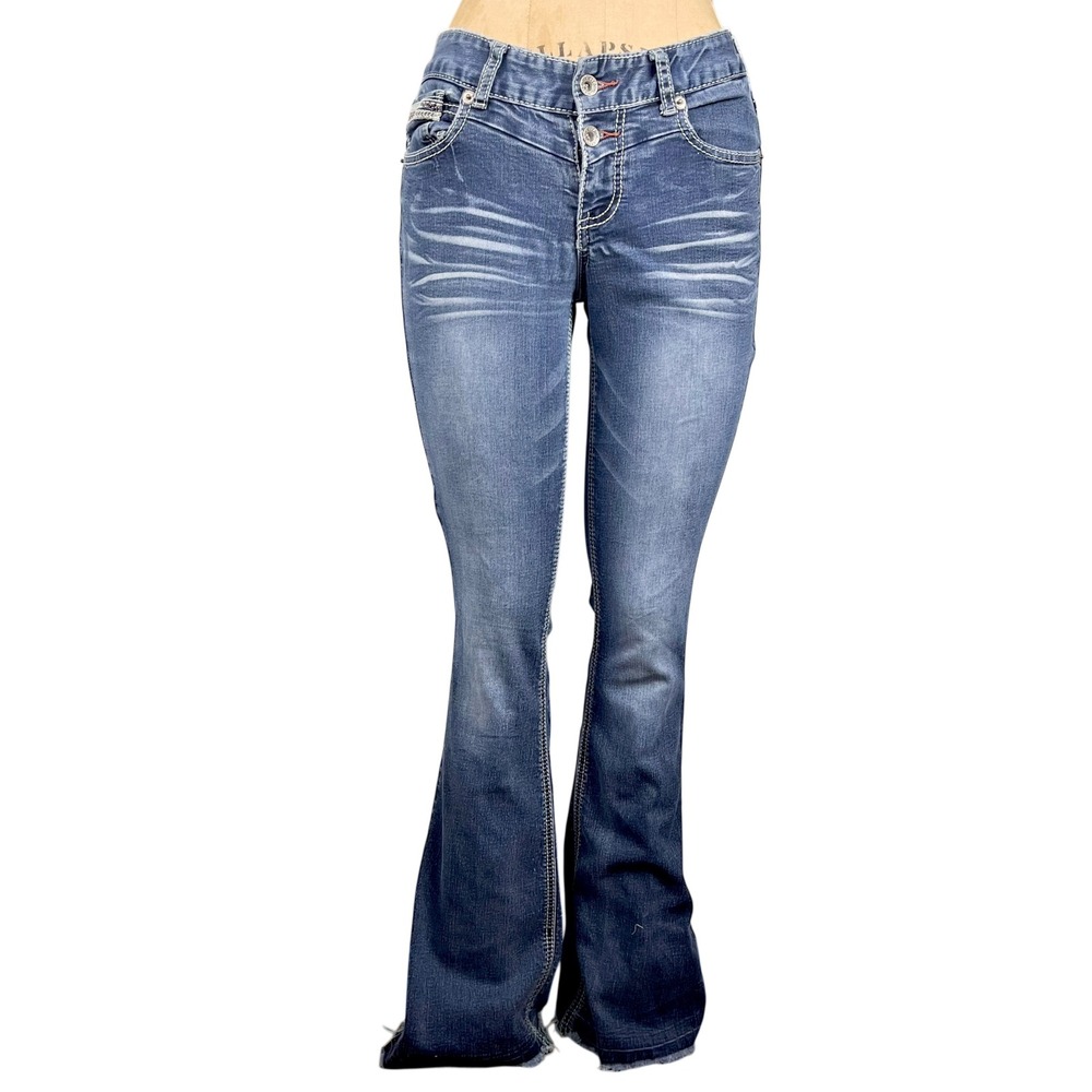 Y2k Flare Leg Blue Jeans Mid Rise Whiskered Embroidered Pockets Sz 28‎ Denim